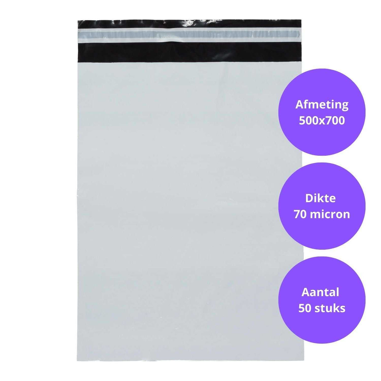 Grijze plastic verzendzak 500x700mm met zwarte plakstrip en specificaties, voor stevige pakketverpakking van 70 micron dik LDPE.