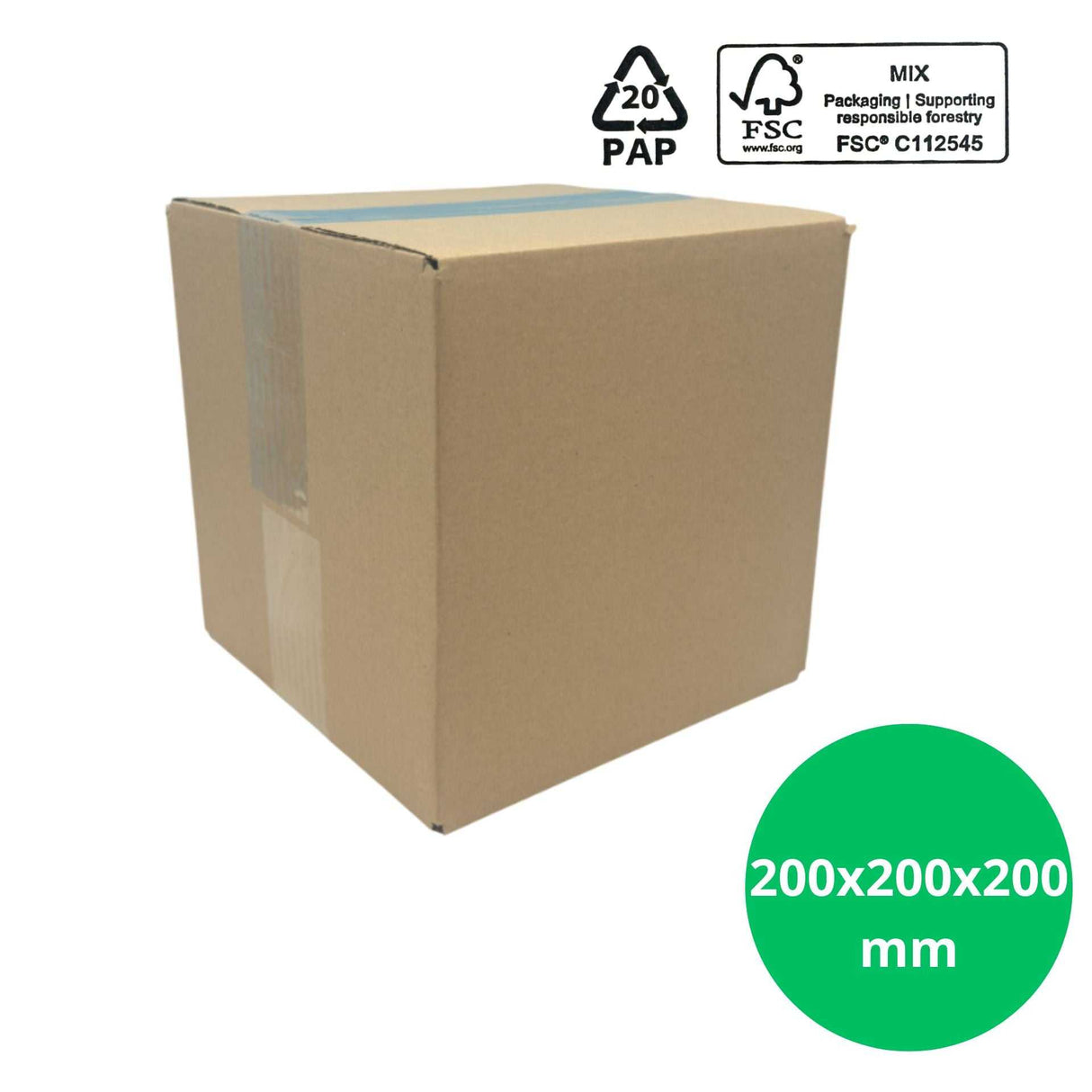 Verzenddoos 200x200x200mm – vierkante kartonnen doos van enkelgolf bruin karton met FSC-keurmerk, geschikt voor verzending en opslag.