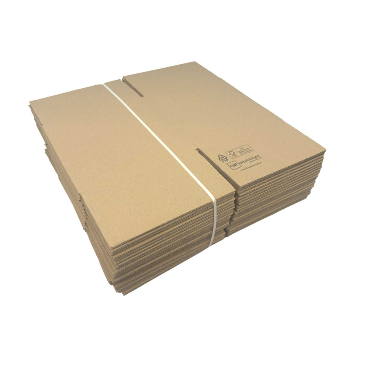 Bundel van 25 platte verzenddozen 200x200x200mm van bruin enkelgolf karton, klaar voor montage en gebruik in verpakkingsprocessen.