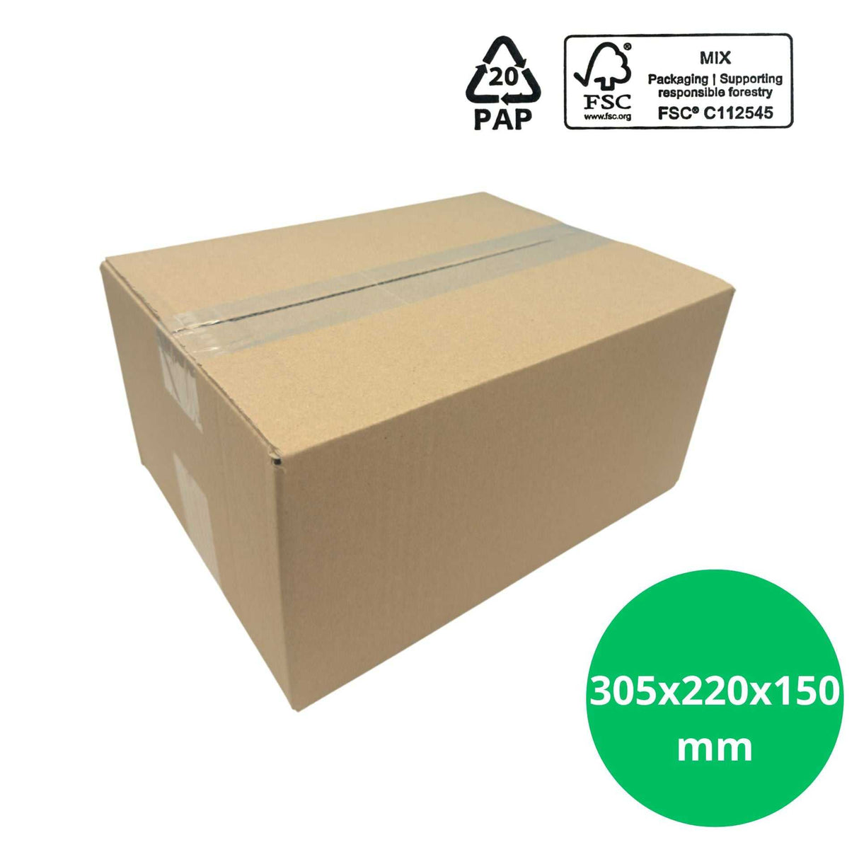 Verzenddoos 305x220x150mm kopen – Enkelgolf Kartonnen Doos (25 stuks) in bruin karton met FSC-keurmerk, ideaal voor webshop verzending.