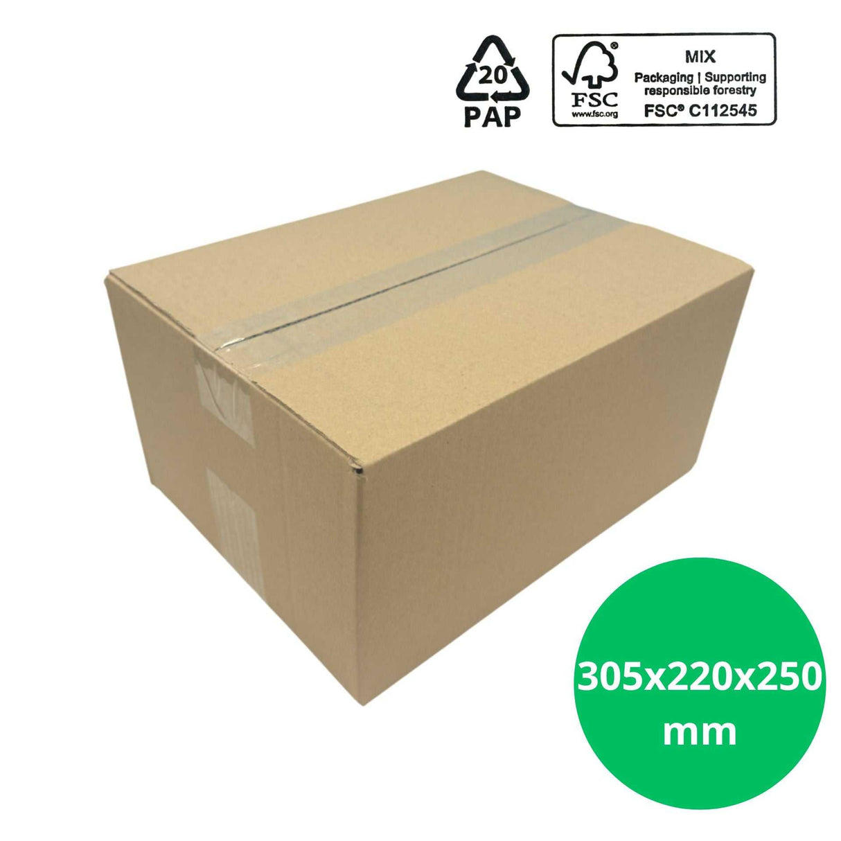 Verzenddoos 305x220x250mm – kartonnen enkelgolf doos F0201 met FSC keurmerk, ideaal voor e-commerce verzendingen, bundel van 25 stuks.