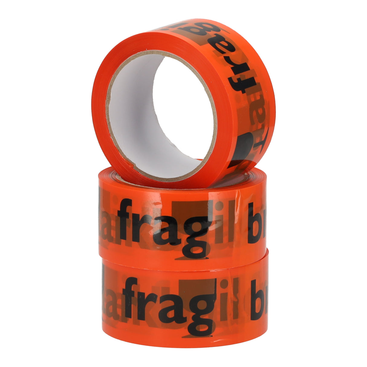 Drie rollen oranje PP verpakkingstape met zwarte "fragile" opdruk, 48mm x 66 meter, voor breekbare pakketten.