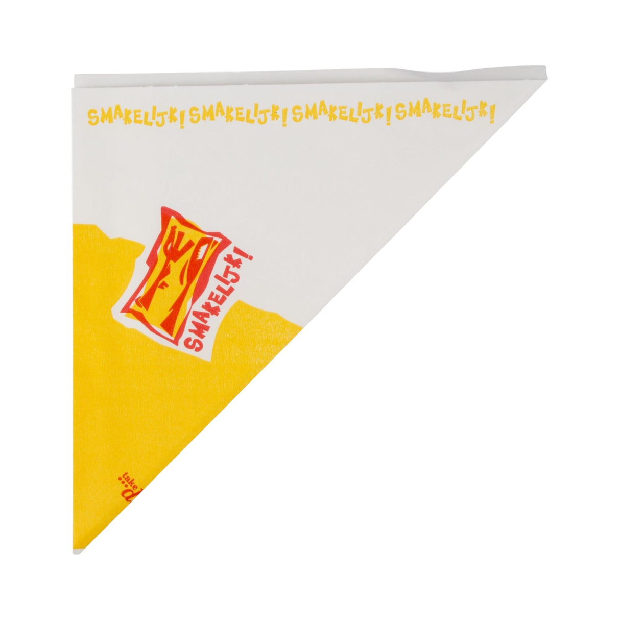 Papieren frietzak K17 met geel-witte print en 'Smakelijk' tekst