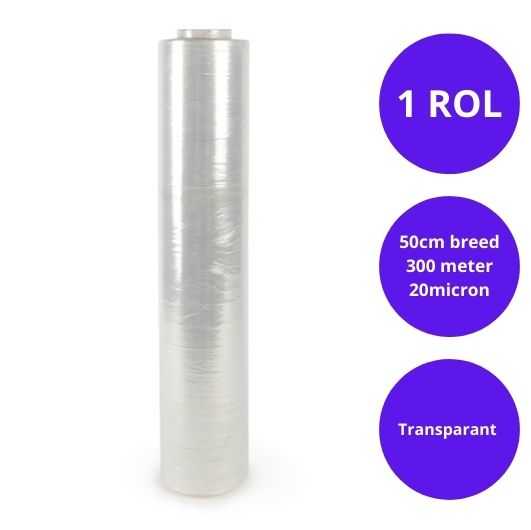 Transparante handwikkelfolie, per rol van 300 meter en 50 cm breed, 20 micron krimpfolie voor verpakking