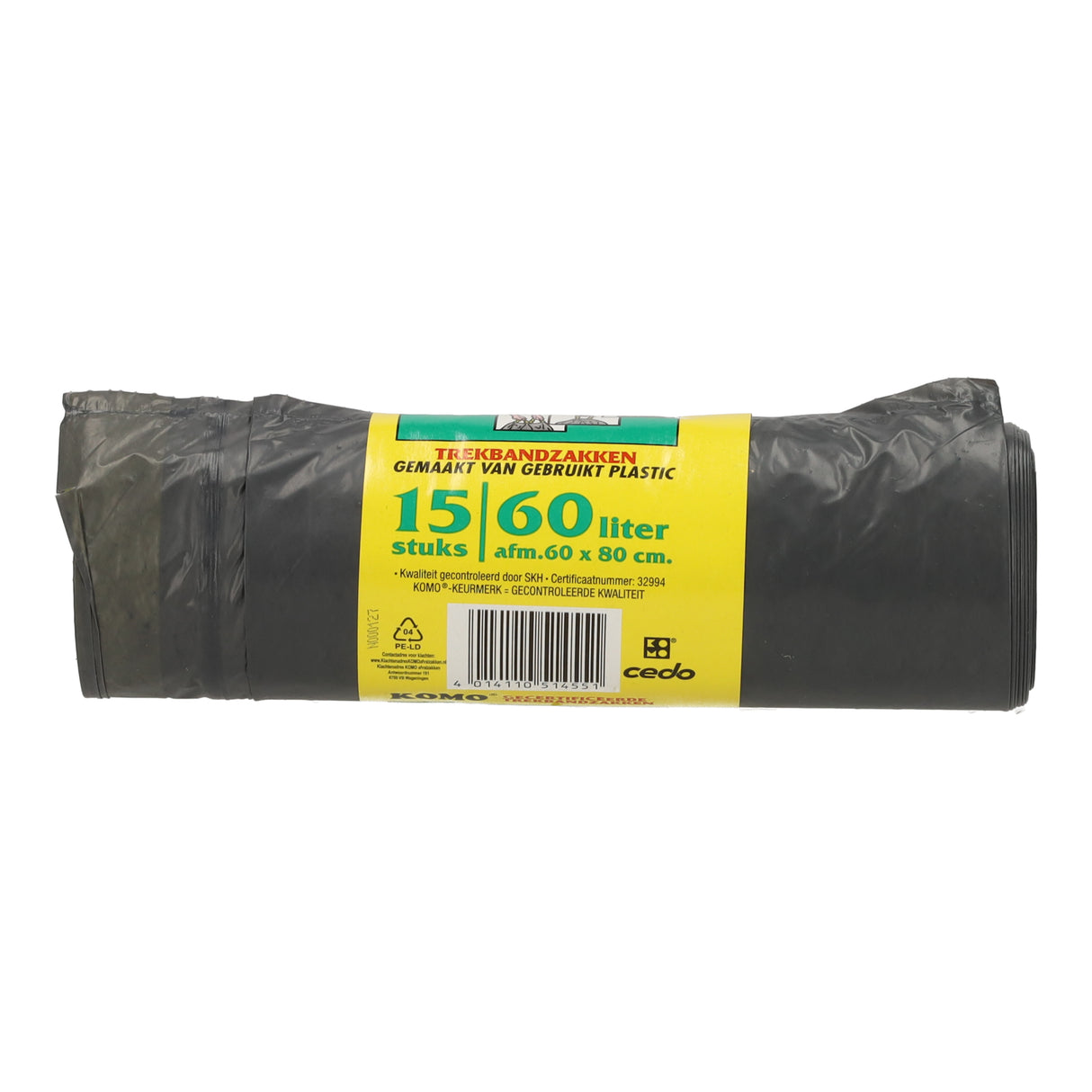 KOMO trekbandzakken LDPE rol zwarte vuilniszakken 60x80 cm voor 60 liter, 15 stuks duurzaam afval weggooien