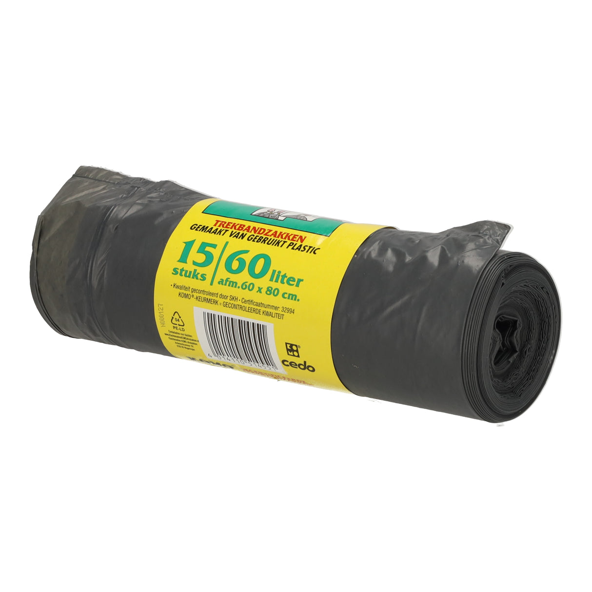 Zwarte KOMO trekbandzakken op rol, 15 stuks van 60 liter, met afmeting 60x80 cm, ideaal voor afval en vuilnis.