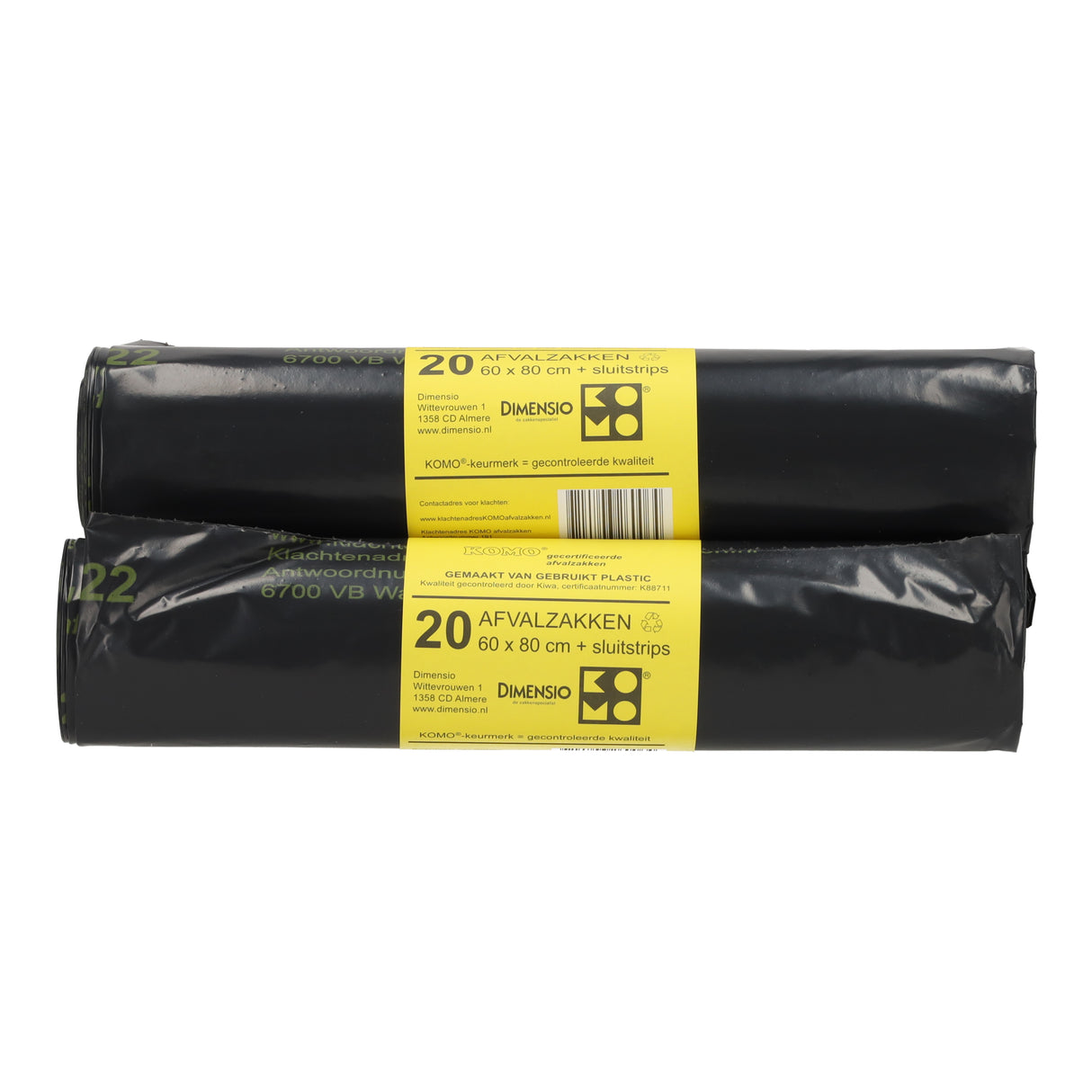 Twee rollen zwarte KOMO vuilniszakken LDPE, 60x80 cm met sluitstrips, geschikt voor afvalbakken en magazijngebruik.