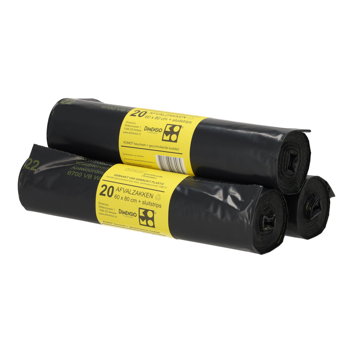 Drie rollen zwarte KOMO LDPE vuilniszakken 60x80 cm met sluitstrips, 60 liter afvalzakken