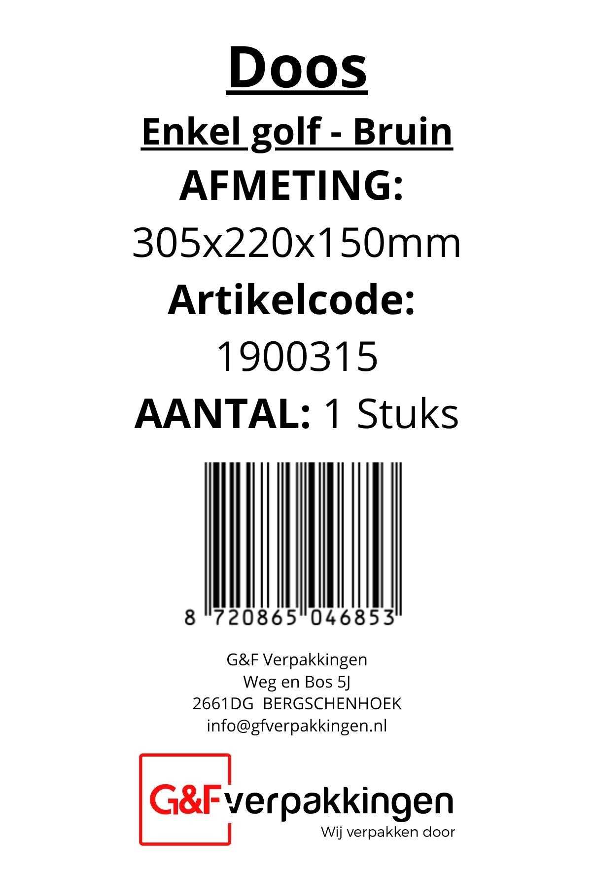 Label met productspecificaties van Verzenddoos 305x220x150mm – Enkelgolf bruin karton, artikelcode 1900315, verpakt per stuk.