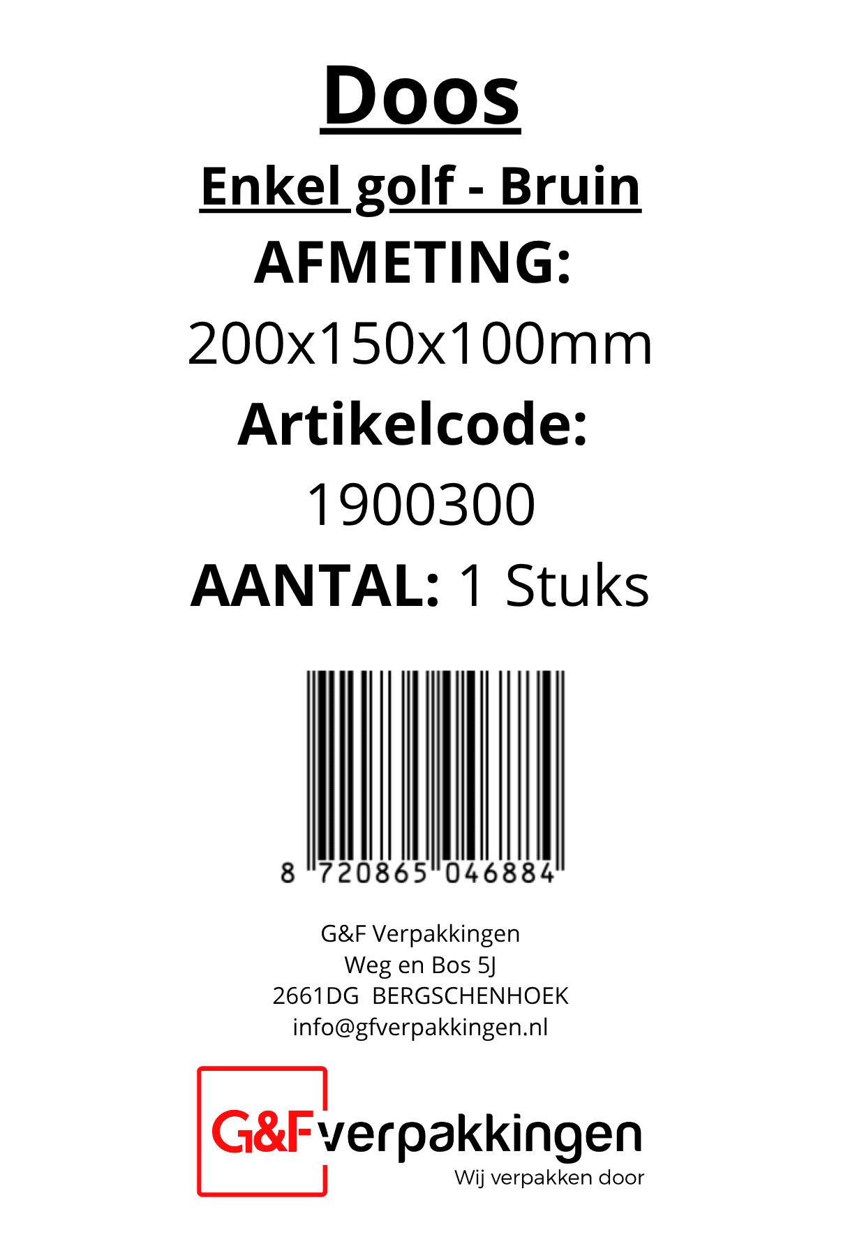 Label van verzenddoos 200x150x100mm – fefco 0201 enkele golf 25st met barcode, artikelcode en FSC-certificering.