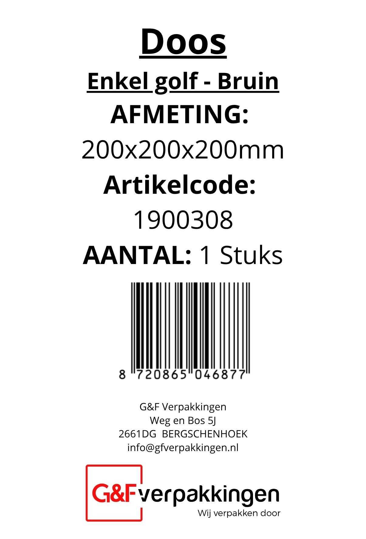 Productlabel van verzenddoos 200x200x200mm met artikelcode, afmetingen en contactgegevens van G&F Verpakkingen, geschikt voor kantoor en logistiek.