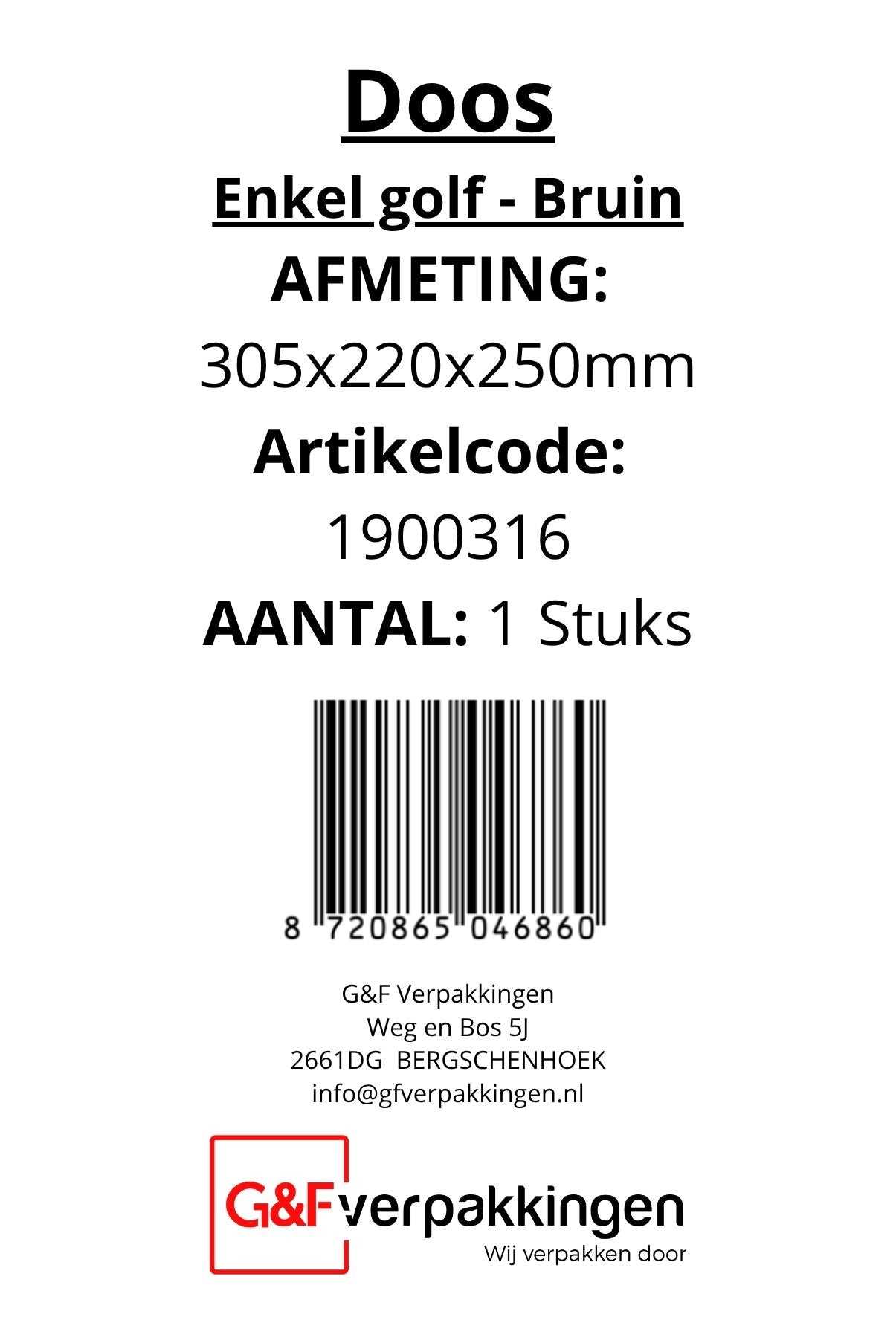 Label met productspecificaties van verzenddoos 305x220x250mm enkelgolf bruin, inclusief barcode, artikelcode en contactgegevens van G&F Verpakkingen.