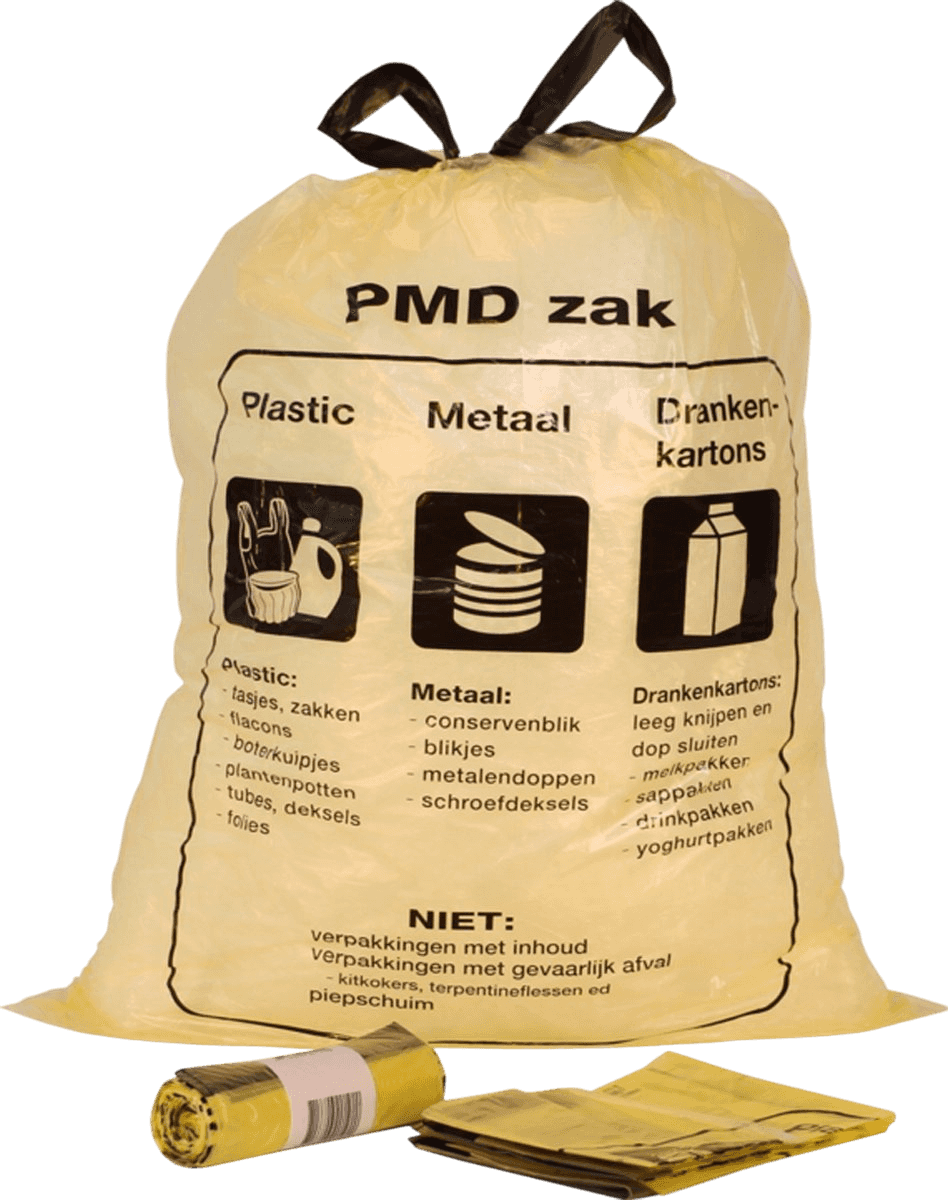 Grote gele PMD afvalzak van G&F Verpakkingen, 60 liter, met instructies voor plastic, metaal en drankkartons.