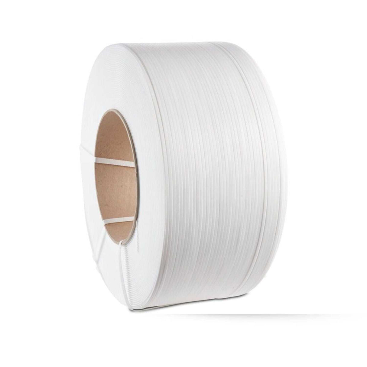 PP-band wit, 12mm x 0.55mm, geleverd op een kern van 200mm, ideaal voor handmatig en machinaal gebruik.