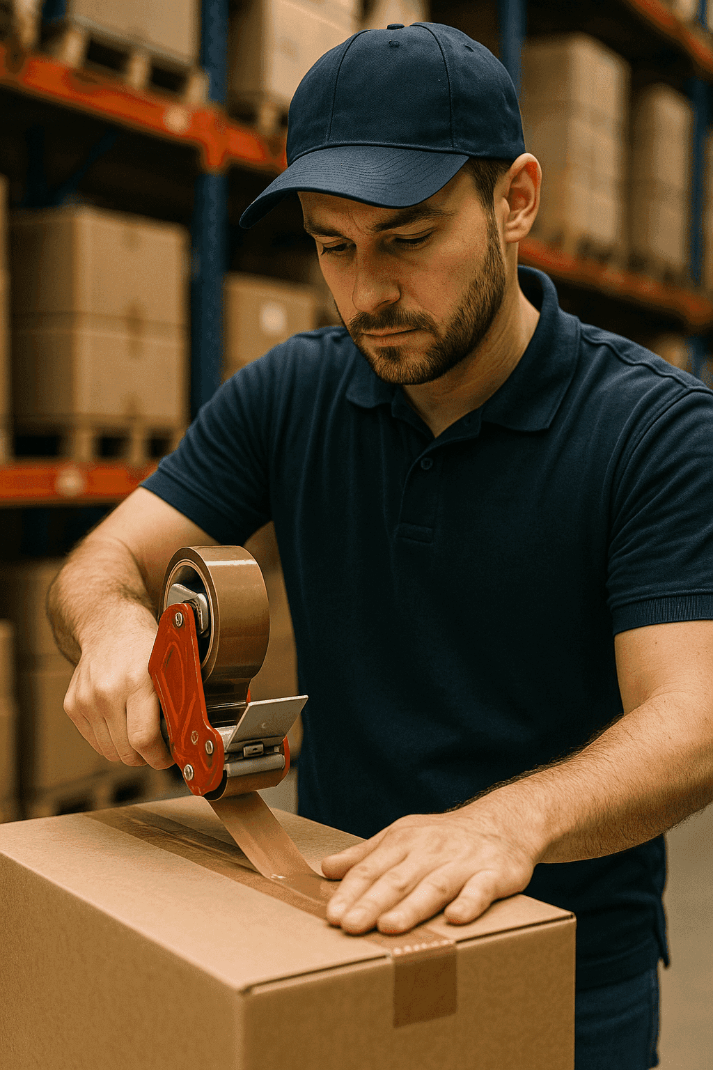 Magazijnmedewerker gebruikt bruine Rhino tape van G&F Verpakkingen om kartonnen doos te sluiten