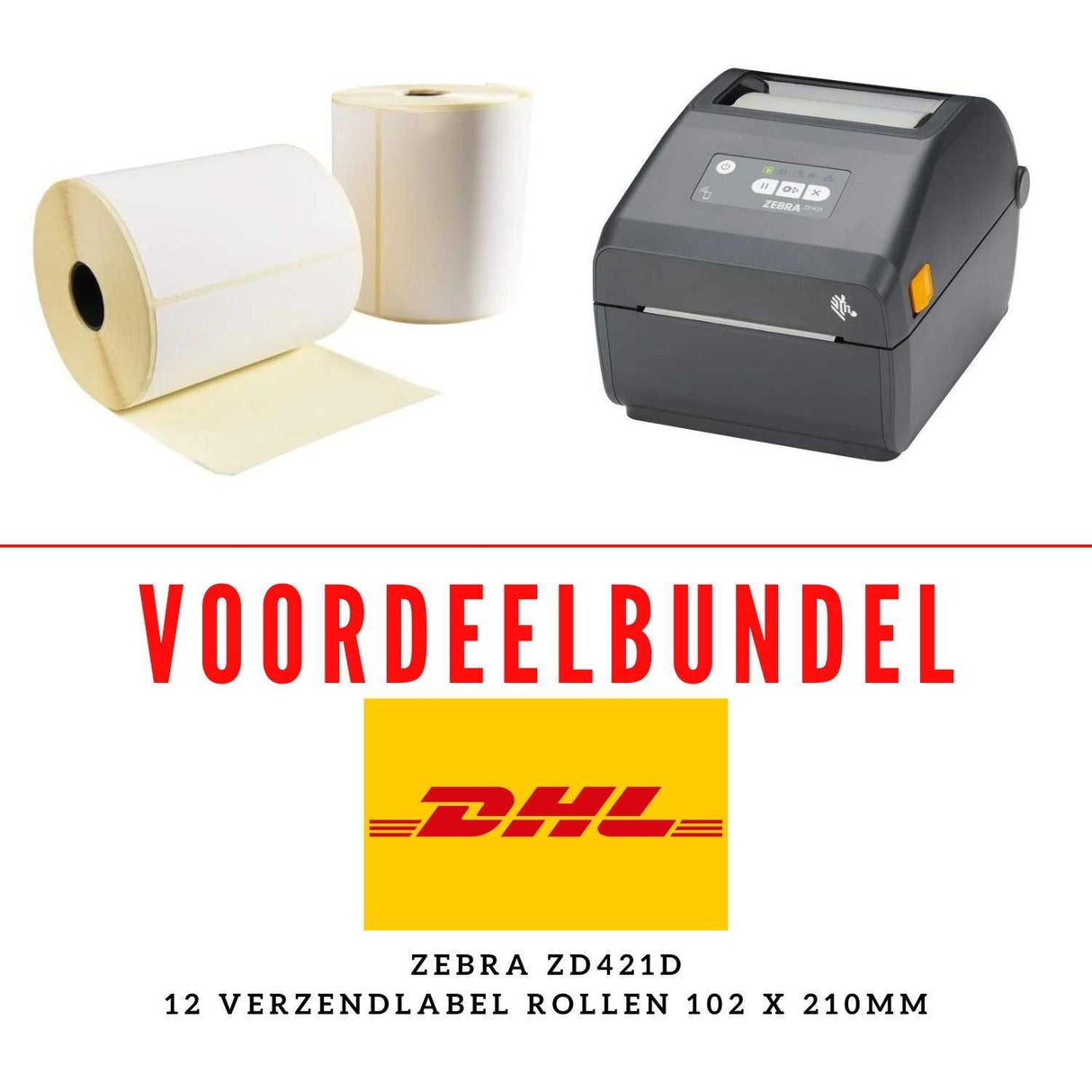 Voordelige startersset: Zebra ZD421D printer en 12 rollen DHL verzendlabels