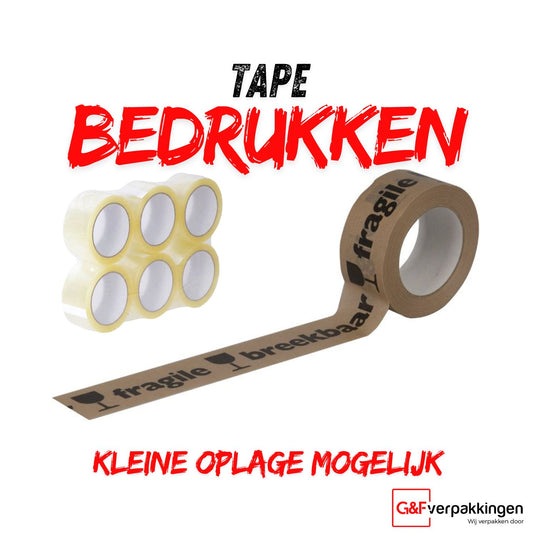 Diverse soorten bedrukte tape, inclusief PP, PVC en papier.