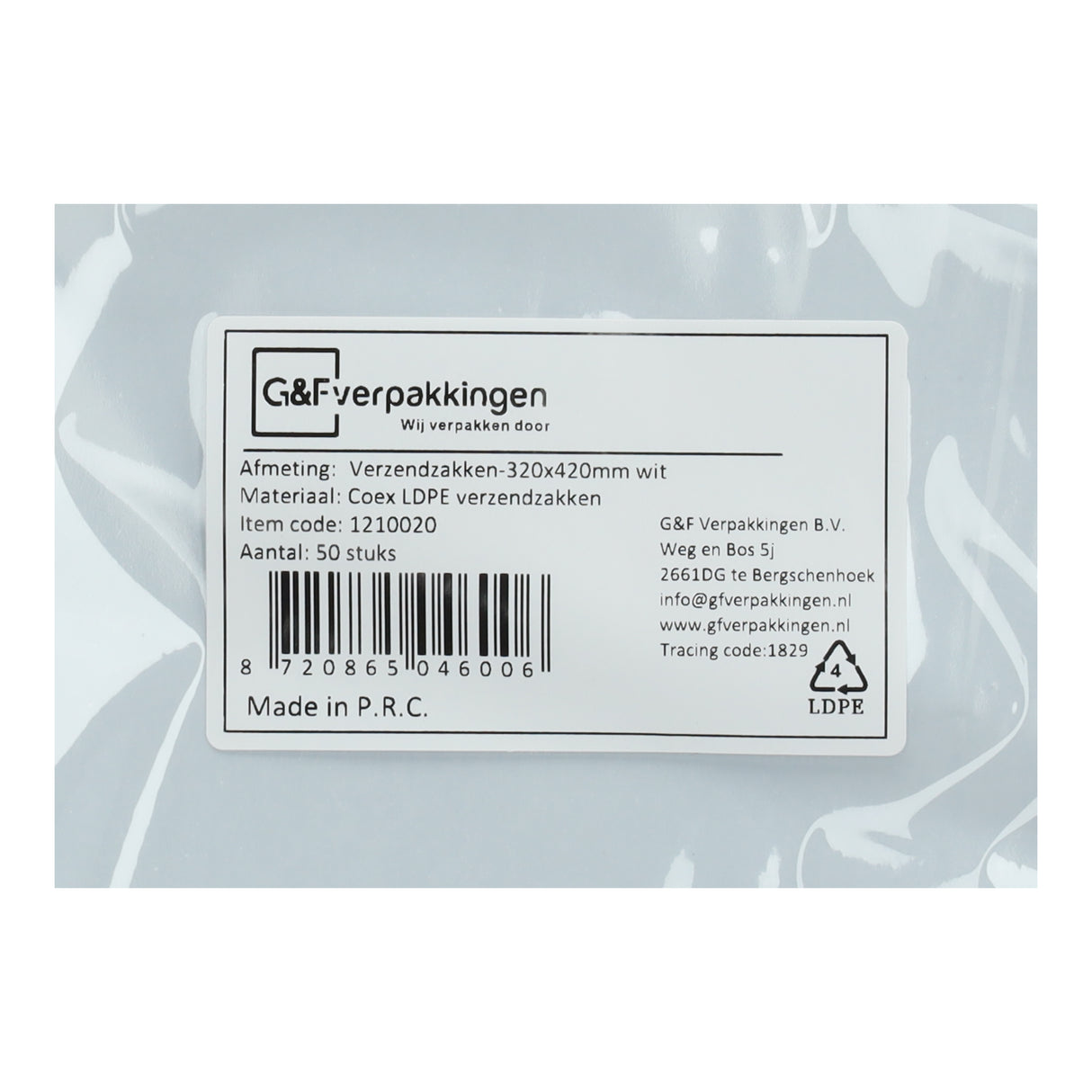 CoEx LDPE verzendzak van 320x420mm met G&F logo, perfect voor brievenbuspakketten en verzendingen.