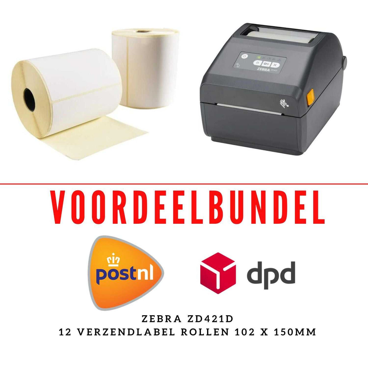 Zebra ZD421D labelprinter met 12 rollen witte verzendlabels (102x150mm) voor PostNL en DPD