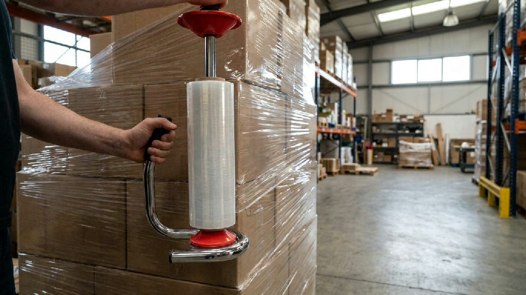 Met chroom beklede handdispenser voor rekfolie, gebruikt om rekfolie handmatig rond een pallet in een magazijn te wikkelen