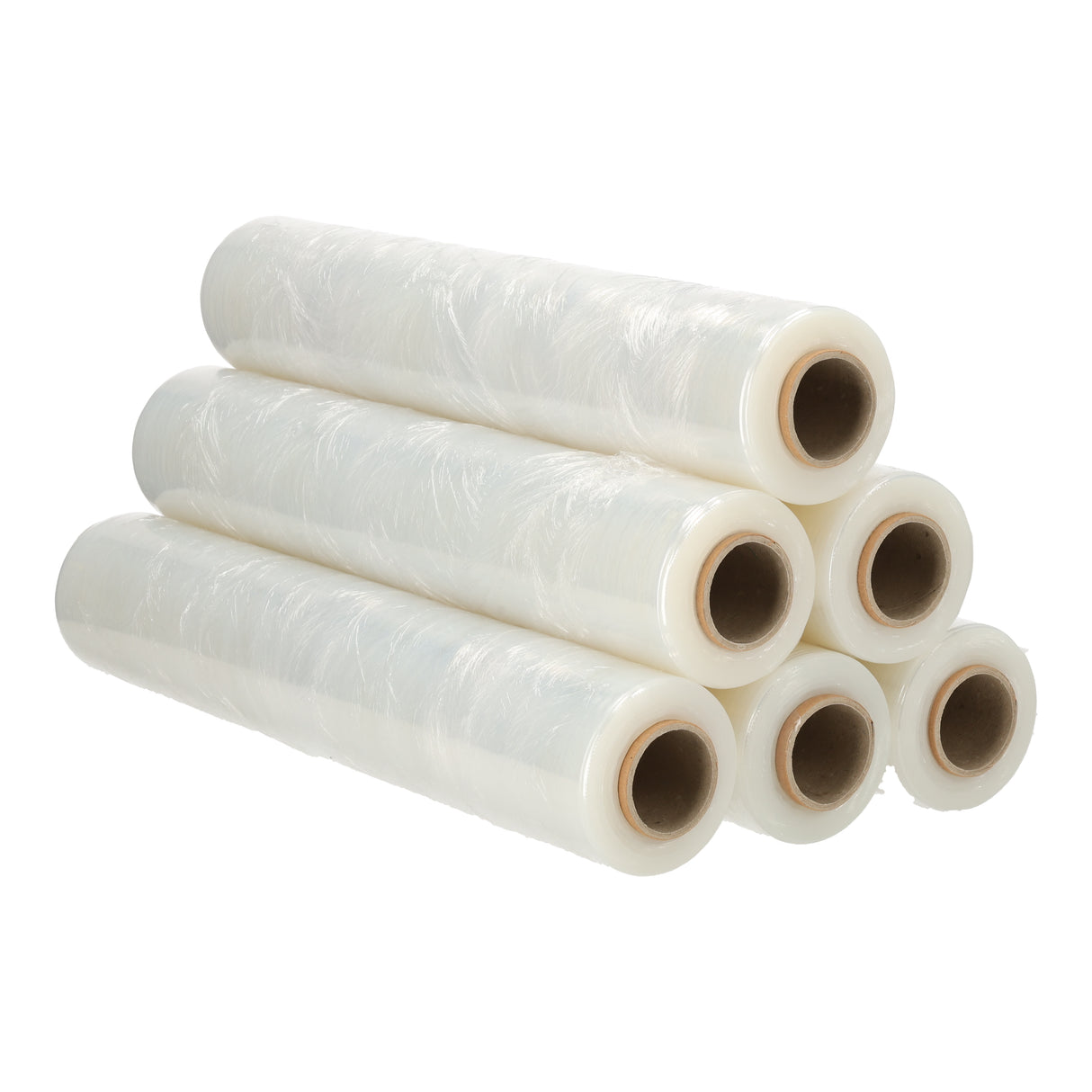 Pakket van 6 rollen transparante handwikkelfolie, per rol 300 meter bij 50 cm en 23 micron dik. Sterke stretchfolie.