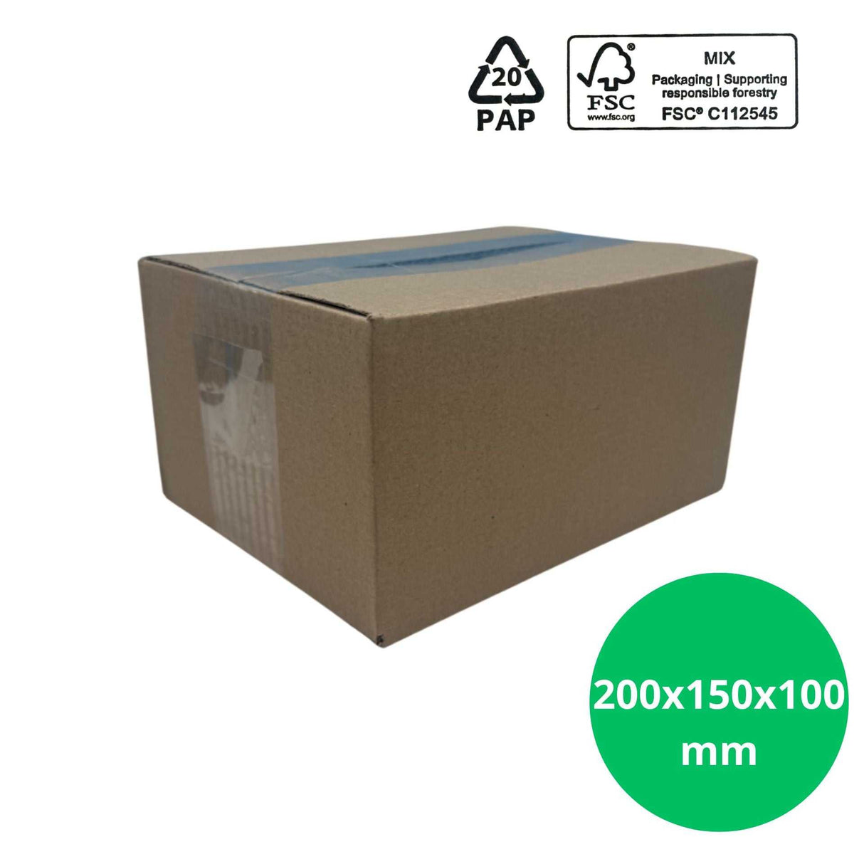 Verzenddoos 200x150x100mm – fefco 0201 enkele golf 25st, stevige kartonnen doos met tape, ideaal voor lichte verzendingen.