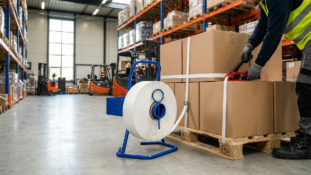 Medewerker omsnoert zware pallet met witte polyesterband van 25mm die loopt vanaf een rol op een realistische kar in een mode
