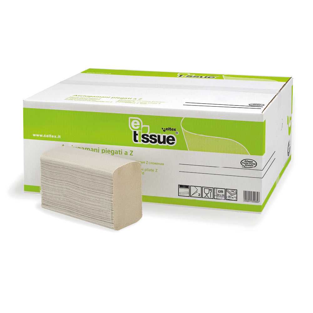 Handdoekpapier van E-Tissue 100% circulair in M-fold formaat, 2-laags 24x20,5CM, doos met 25x150 stuks. Milieuvriendelijk en zacht absorberend papier.