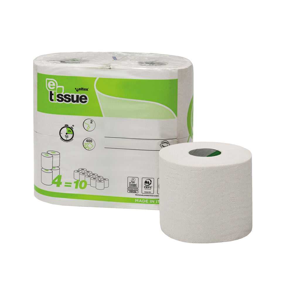 TOILETPAPIER E-TISSUE 2L 400 VEL - 15 x 4 ROL P/PAK met milieuvriendelijk label en hygiënische verpakking, ideaal voor grootverbruik.