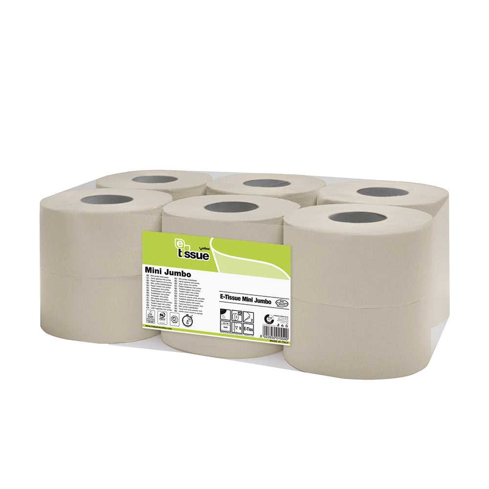 Mini Jumbo toiletrollen van E-Tissue, 2-laags, 12 rollen van 150 meter per pak, recyclebaar en geschikt voor drukbezochte toiletten.
