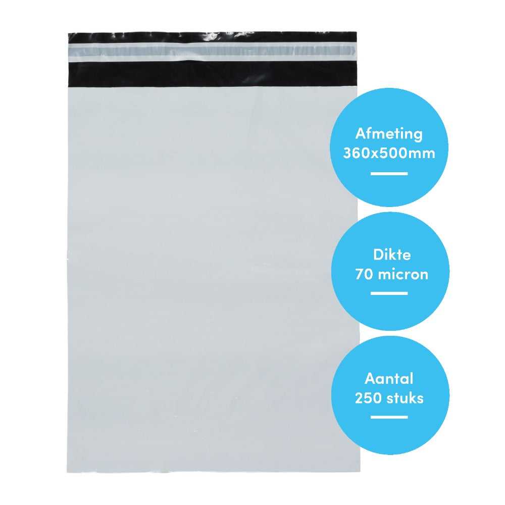 Witte verzendzak 360x500mm met plakstrip, 70 micron dikte, transparant en wit, 250 stuks, voor pakketpost