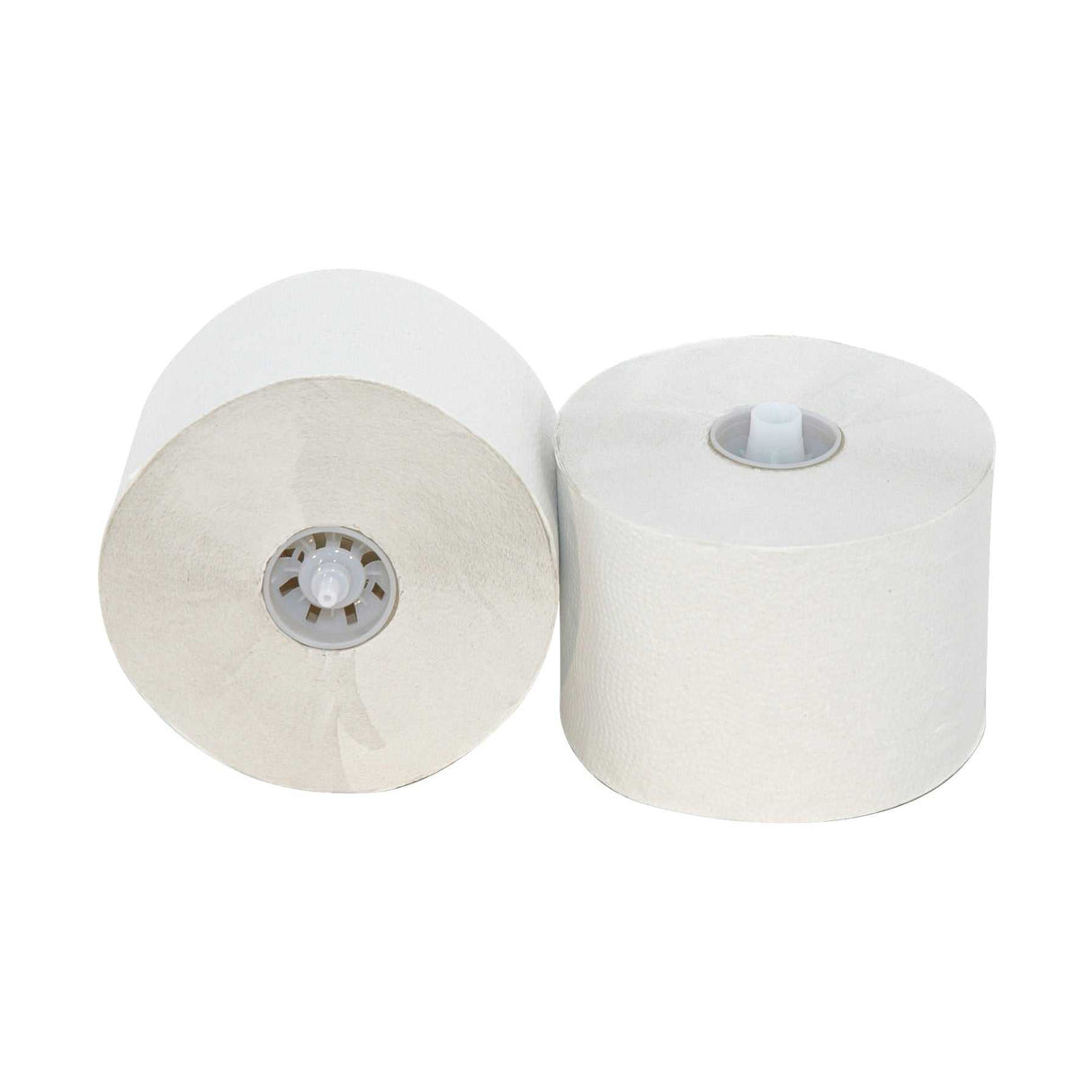 Toiletpapier met dop recycled 2 laags 100m - 36 rollen, twee witte rollen met kunststof dop zichtbaar. Ideaal voor dispensers in drukbezochte toiletten.