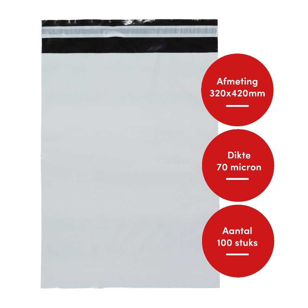 Witte verzendzak van 320x420mm met plakstrip, CoEx LDPE brievenbuspakket, 100 stuks, dikte 70 micron