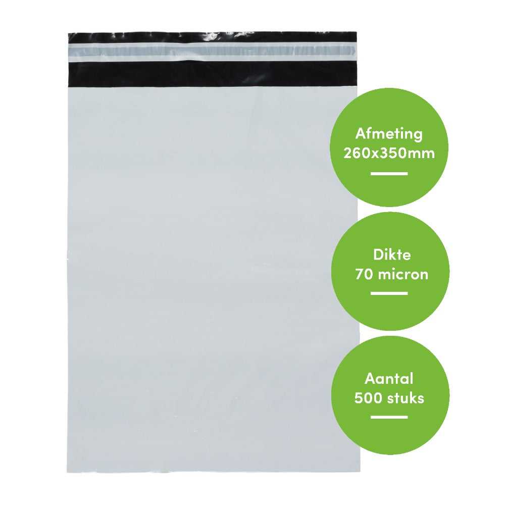 Witte verzendzak 260x350mm met zwarte plakstrip van CoEx LDPE, 70 micron dik, 500 stuks voor pakketverzending.