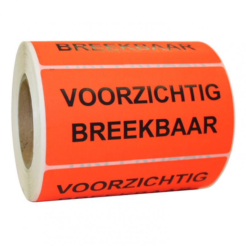 Waarschuwings- etiket 'VOORZICHTIG BREEKBAAR' rood, 98x79mm per rol 500 stickers