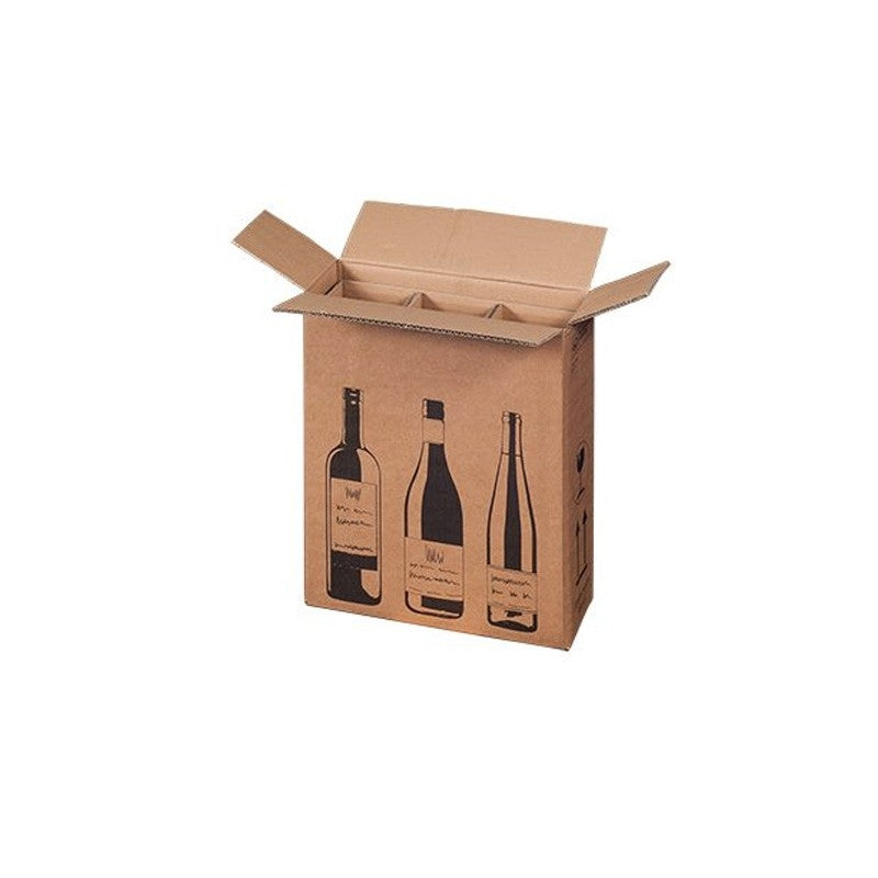 Verzenddoos voor 3 flessen van stevig karton met vakverdeling, ideaal voor veilige verzending van wijnflessen of andere glazen flessen.