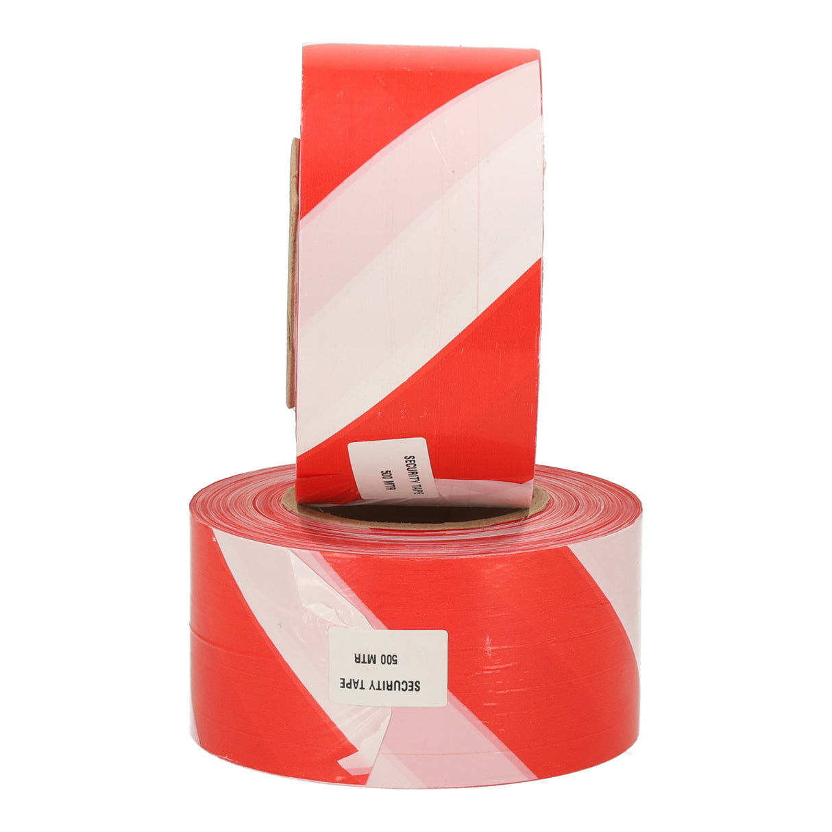 Twee rollen rood wit afzetlint van 500 meter, ideaal voor signalering en veiligheidsafzettingen.