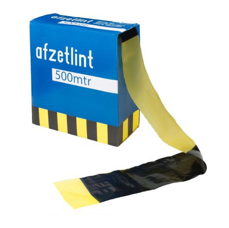 Geel-zwart afzetlint gebruikt op een bouwplaats om gevaarlijke zones te markeren en de veiligheid te verhogen.
