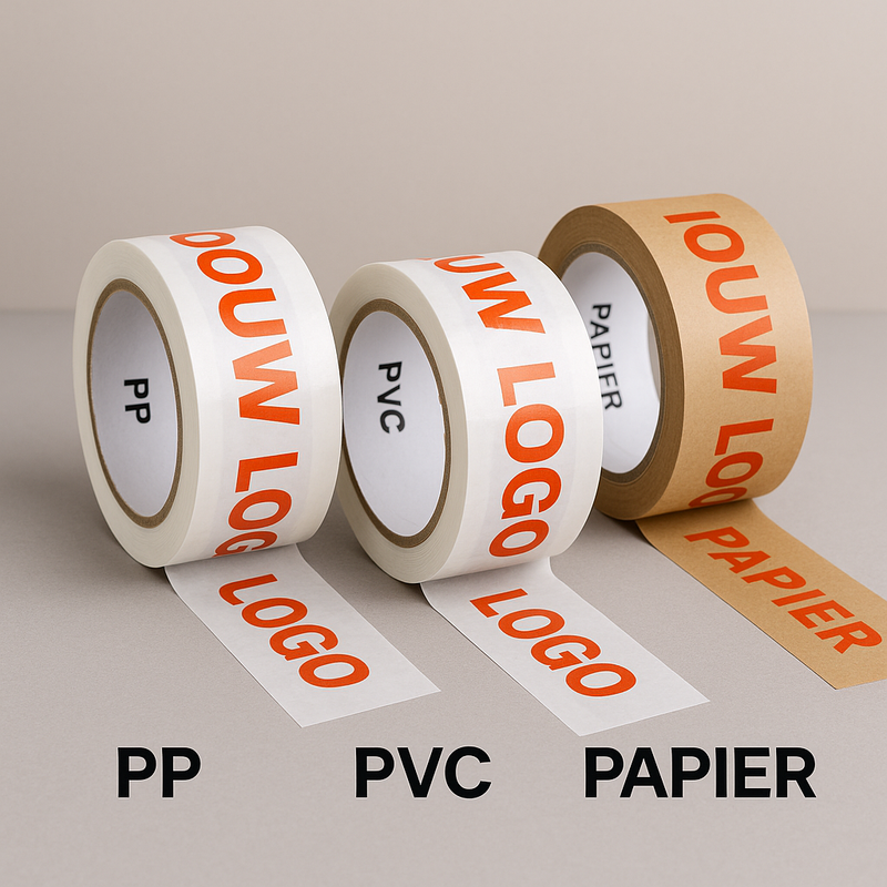 3 soorten bedrukt tape, pp, pvc en papier tape. G&F Verpakkingen