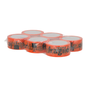 Oranje breekbaar PP verpakkingstape 48mm, 66 meter op rol. Waarschuwingstape pakketten voor veilig versturen.