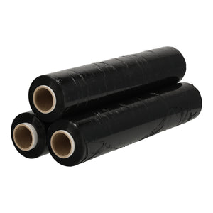 Set van 3 rollen zwarte handwikkelfolie van 300m, 50cm breed en 23my dik voor het veilig verpakken van pakketten.