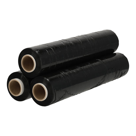 Set van 3 rollen zwarte handwikkelfolie van 300m, 50cm breed en 23my dik voor het veilig verpakken van pakketten.
