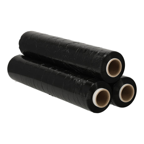Set van 3 rollen zwarte handwikkelfolie van 300m x 50cm x 23my voor het handmatig verpakken van pakketten.