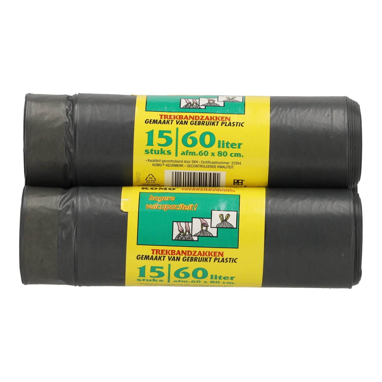Twee rollen Komo trekbandzakken 60x80 cm 60 liter, zwarte afvalzakken van gebruikt LDPE plastic voor pedaalemmer of knapzak