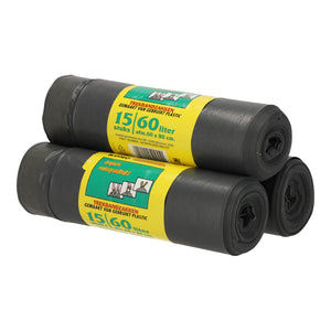 Zwarte LDPE trekbandzakken op rol, 15 stuks van 60x80 cm, 60 liter vuilniszakken.