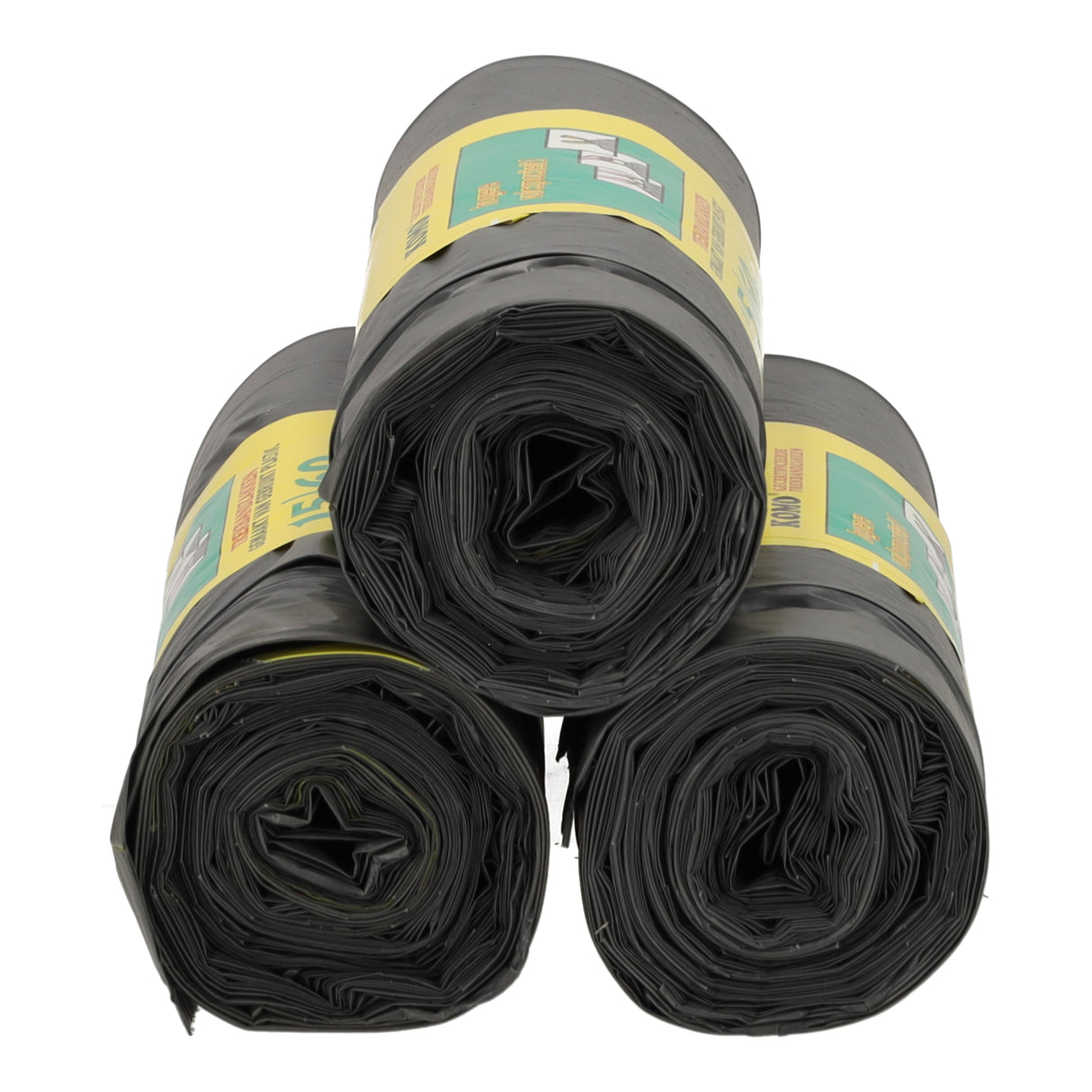 Drie rollen zwarte KOMO trekbandzakken LDPE, afmeting 60x80 cm, 15 vuilniszakken per rol, geschikt voor 60-120 liter