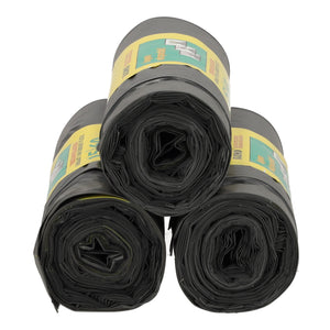 Drie rollen zwarte KOMO trekbandzakken LDPE, afmeting 60x80 cm, 15 vuilniszakken per rol, geschikt voor 60-120 liter