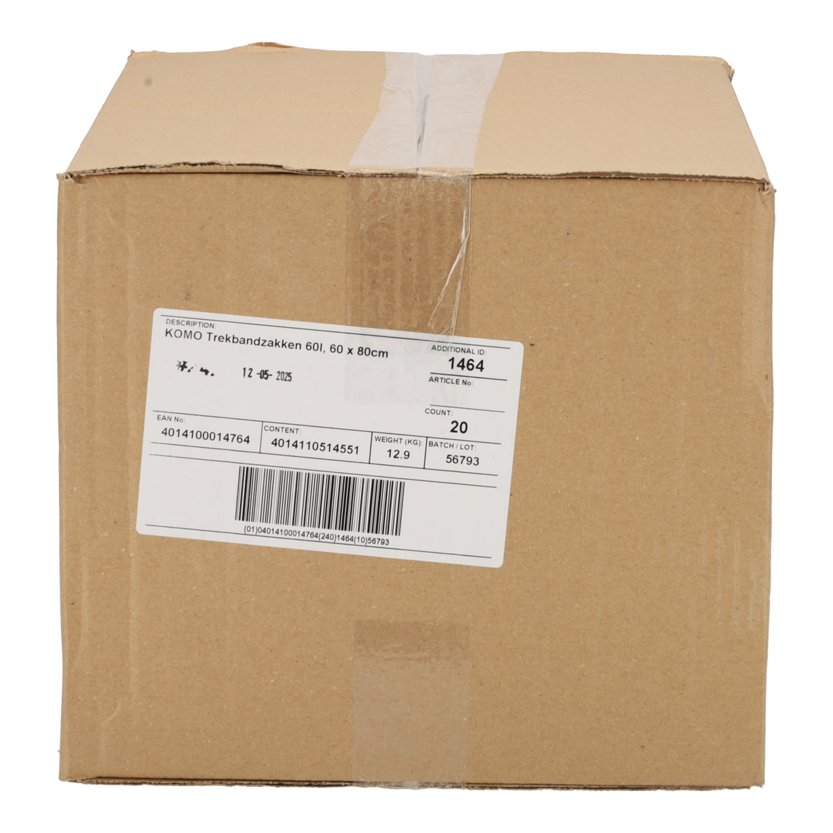 Bruine verzenddoos met etiket KOMO trekbandzakken 60L, 60x80cm, 20 rollen afvalzakken voor huishouden en magazijn.