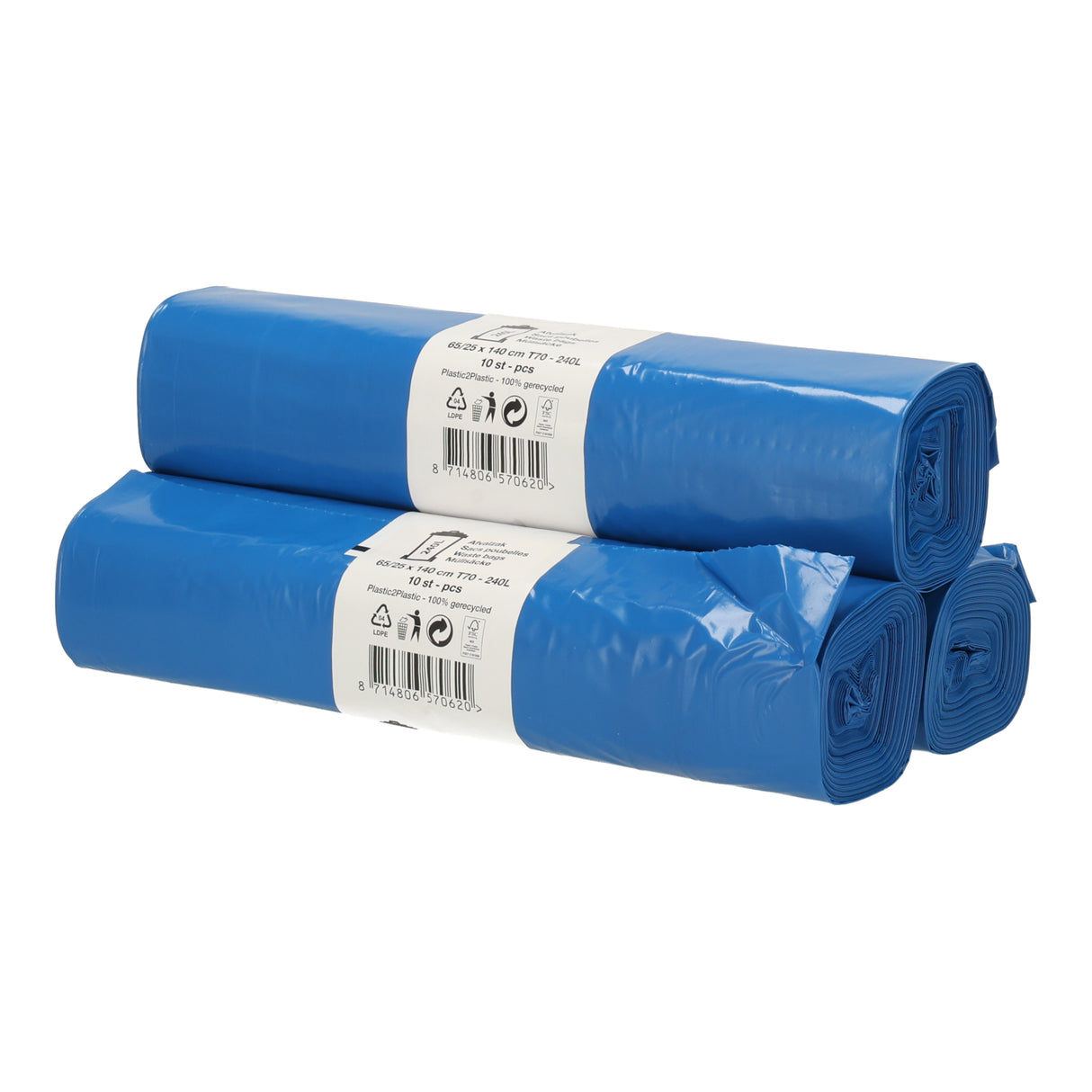 LDPE Afvalzakken rol 65/25 X 140cm T 70 blauw - 100 stuks