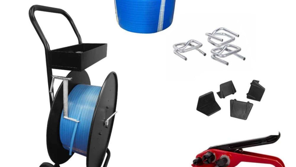 Startersset 12mm PP Band met alle accessoires op een tafel.